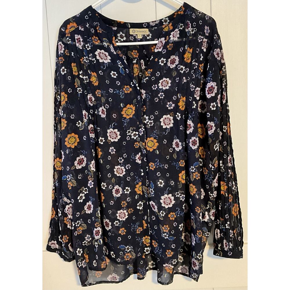 Democracy Women’s Blue Floral Sheer Blouse Long Pleated Sleeves Top Size Large